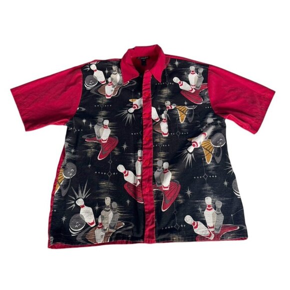 VTG Men's Sz XL Red & Black Panel Button Up Bowling Shirt Bowling Pins Mid Cent - Picture 10 of 10